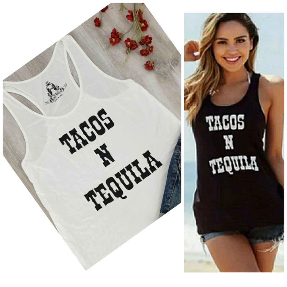 NEW Bear Dance "Tacos N Tequila" Graphic Racerback Tank in White